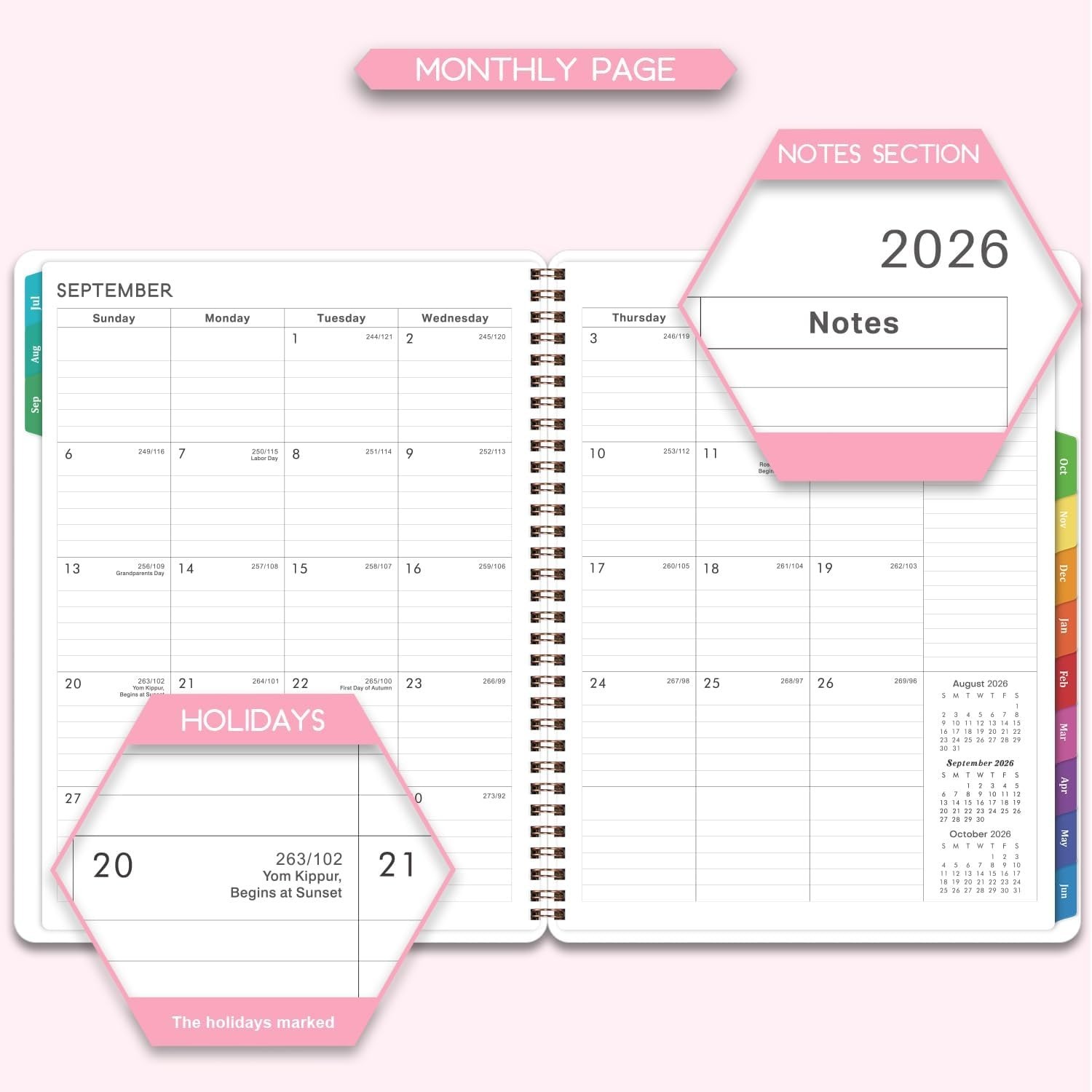 Stylish 8″ x 10″ Academic Planner 2026-2027 with Colourful Tabs & Weekly Layout