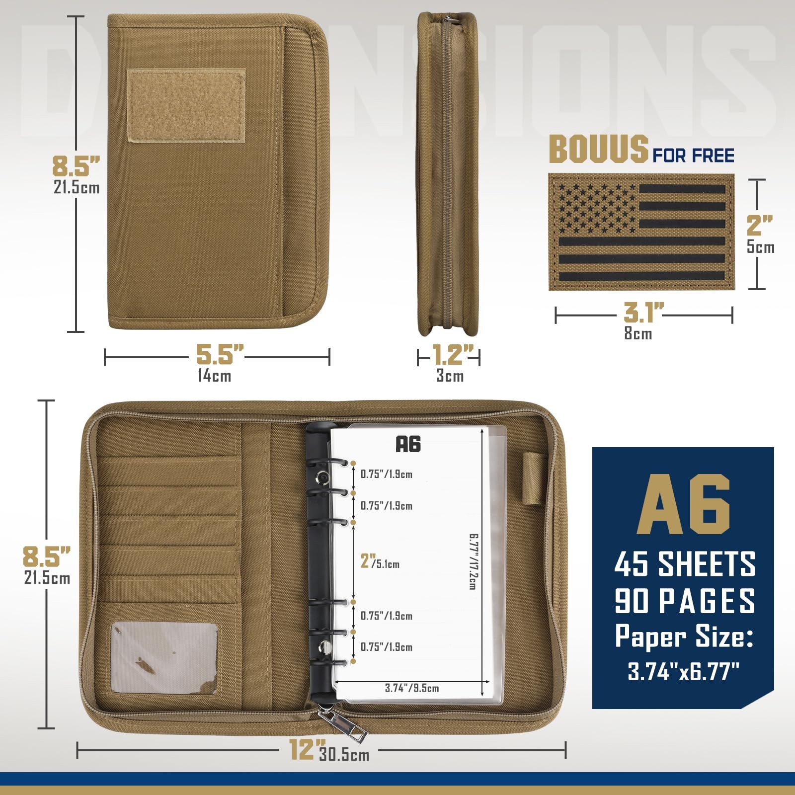 WYNEX Tactical Notebook Padfolio Ring Binder – A6（5.5 x 8.5 Inches), Khaki