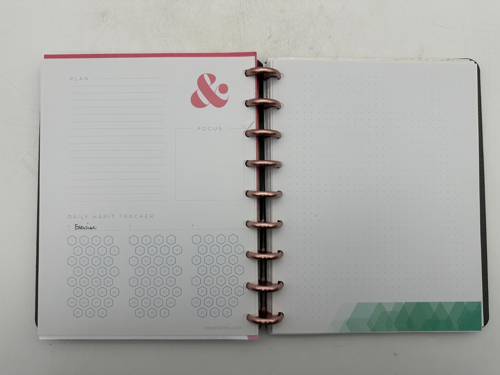 Inkwell Press Disc Bound Planner Grey Vegan Leather Cover Rose Gold Discs