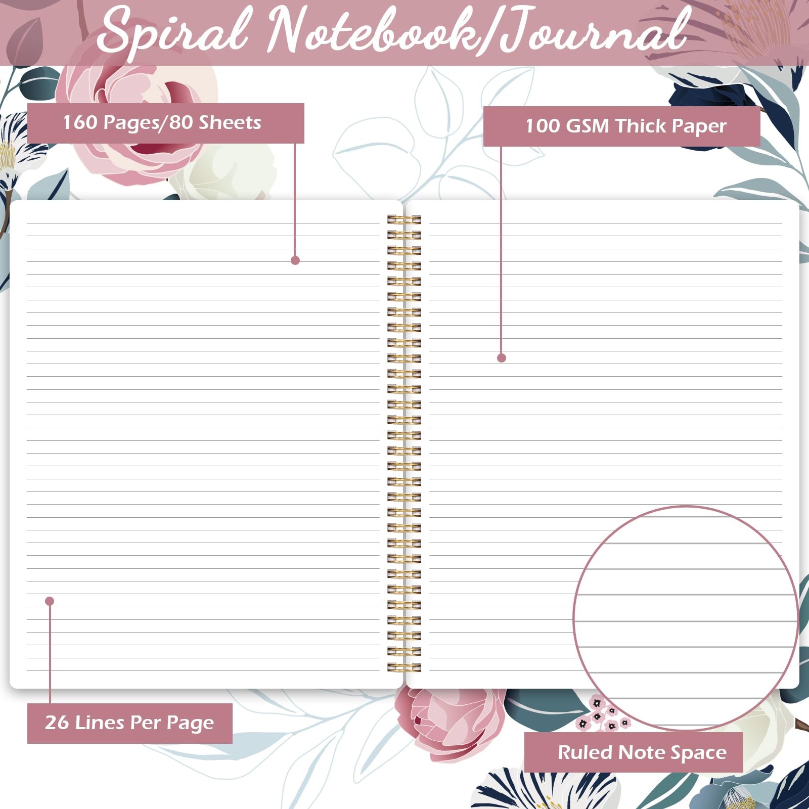 Wire Bound Notebook, 8.5×11 Journal, 110 Sheets, Floral Design, Multicolor