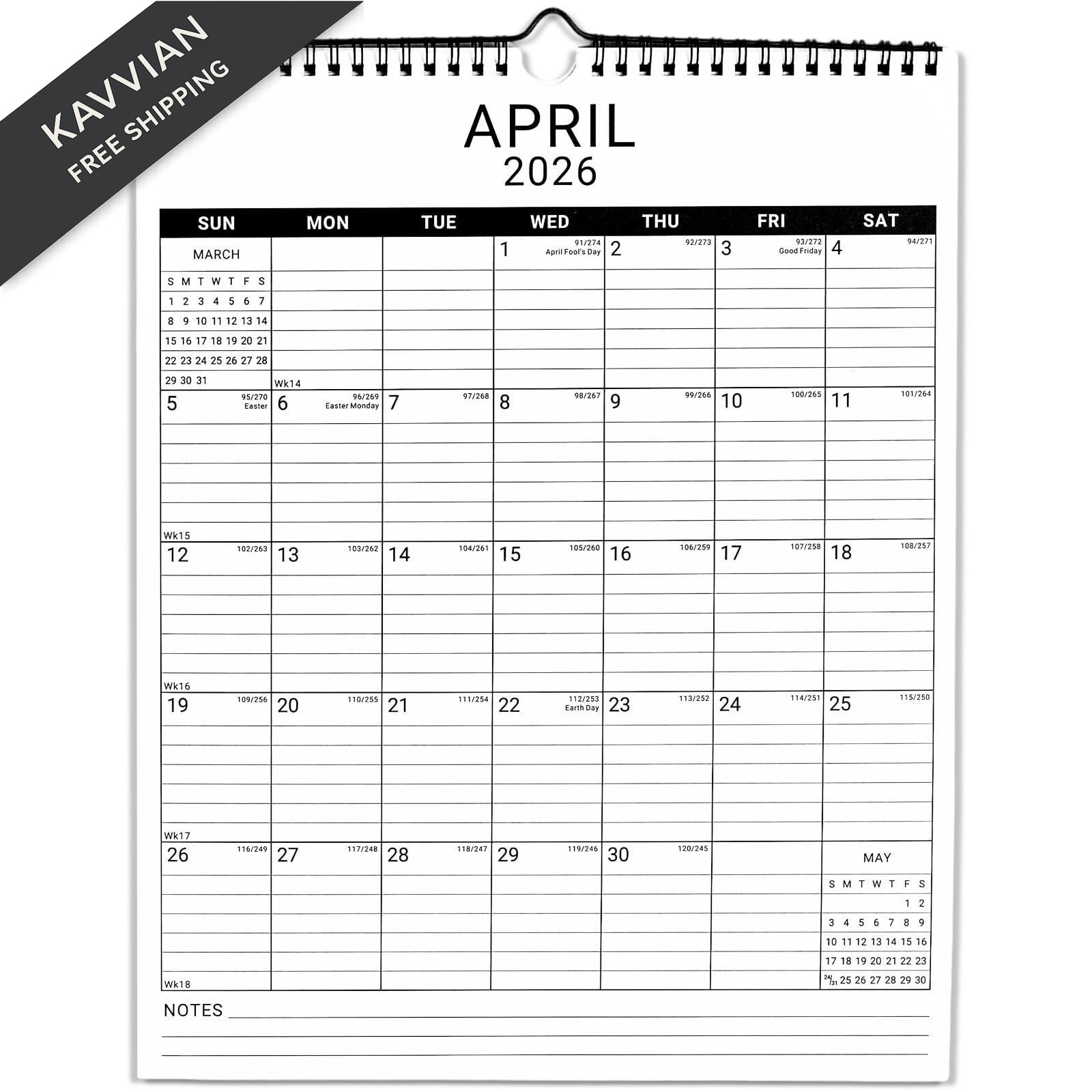 2026 Wall Calendar, 12 Month 11.5”x14.8 ‘’ Year Monthly White2_11x14.5_Vert