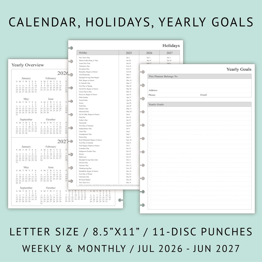 2026-2027 Weekly Planner Refills for Letter Size – 8.5″x11″, White