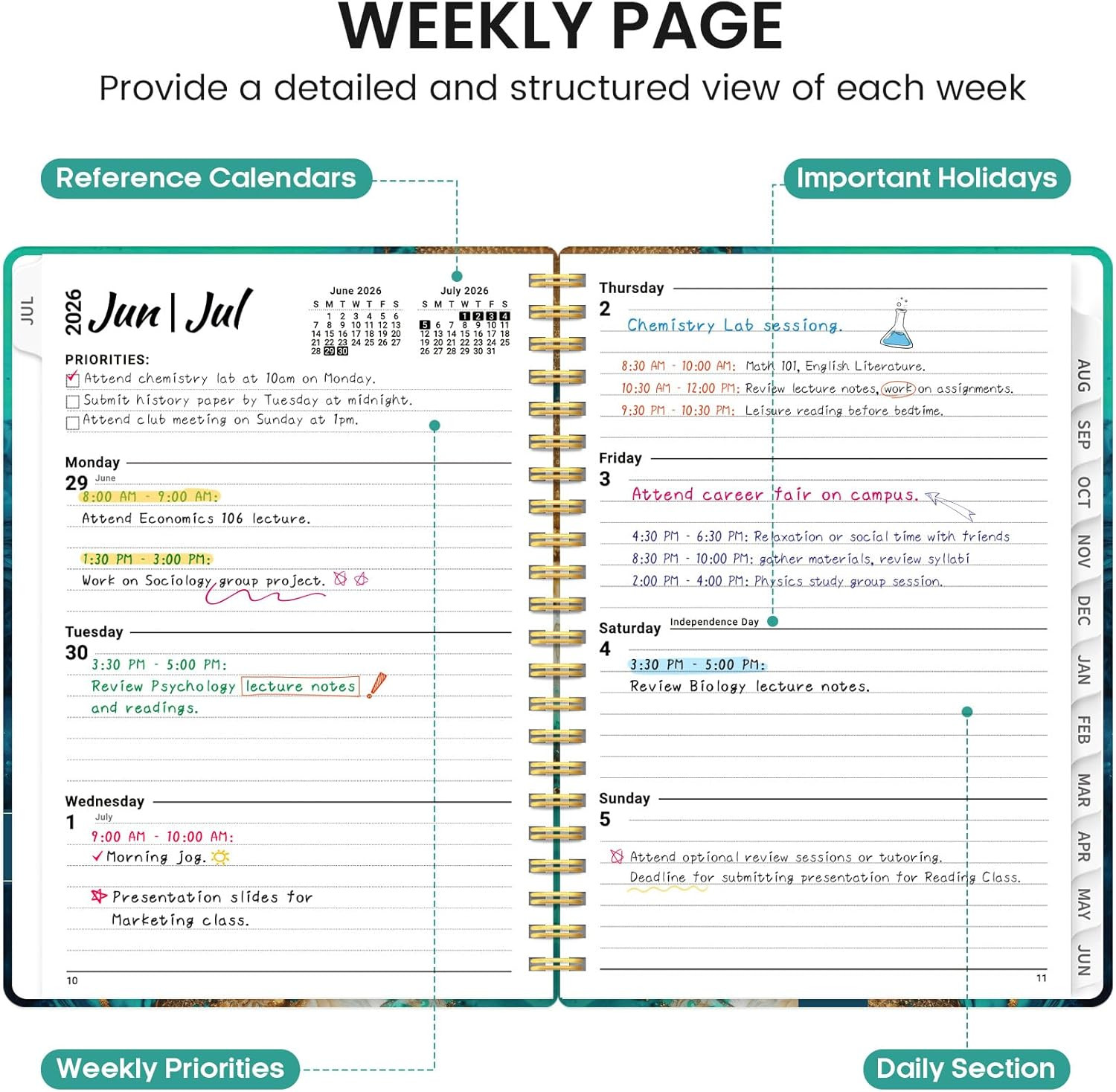 Planner 2026-2027, Academic Monthly and Weekly Calendar Planner for Women, July
