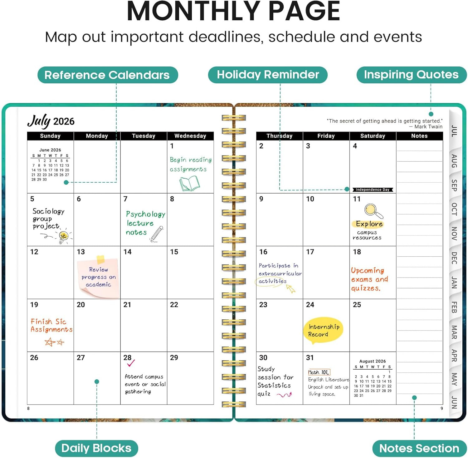 Planner 2026-2027, Academic Monthly and Weekly Calendar Planner for Women, July