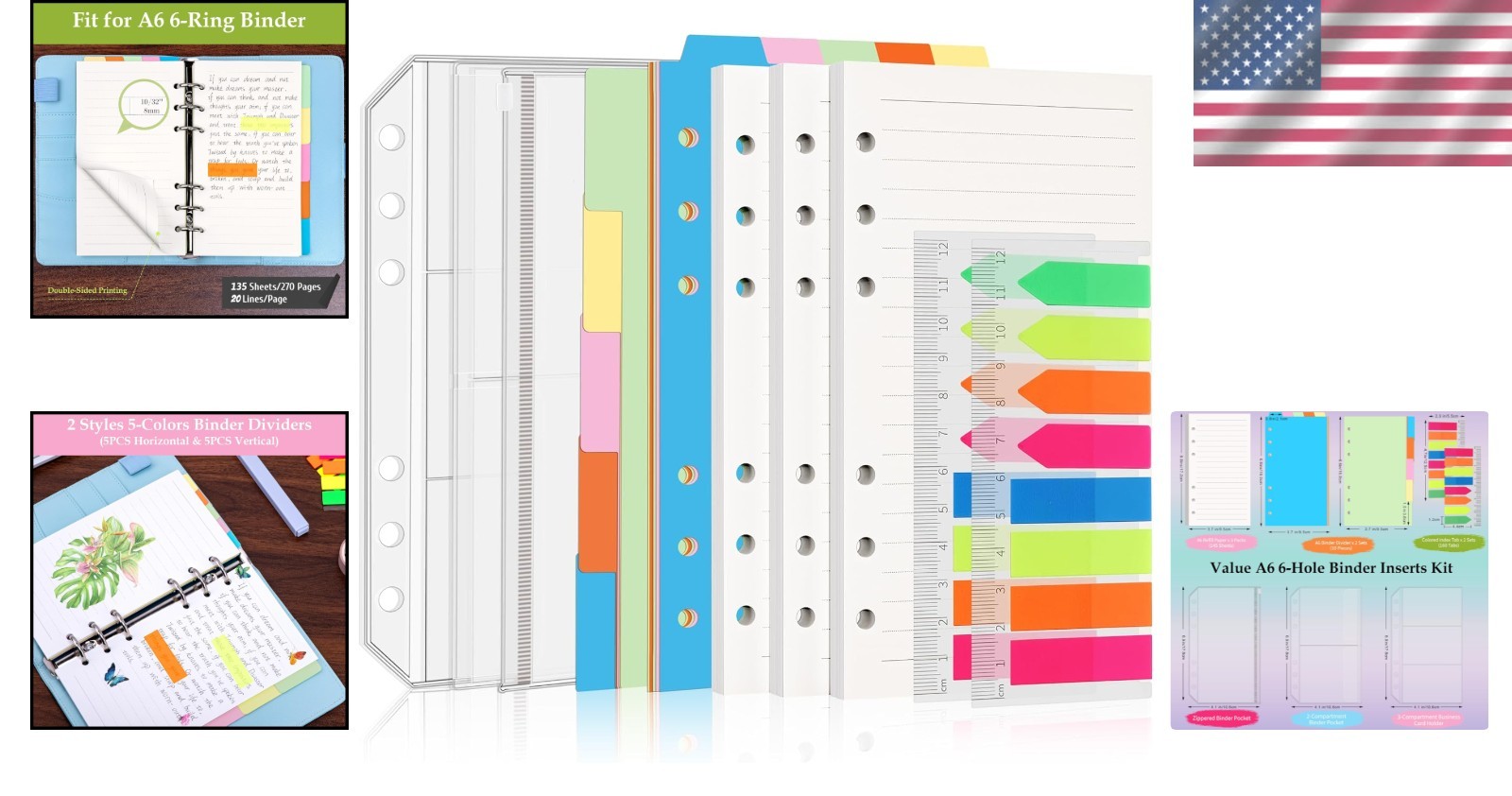 Versatile A6 Planner Binder Inserts: 135 Sheets, 160 Neon Sticky Tabs & Pockets