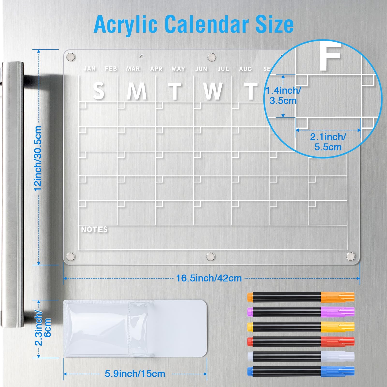 Acrylic Magnetic Dry Erase Board Calendar for Fridge, 16.5″x12″,