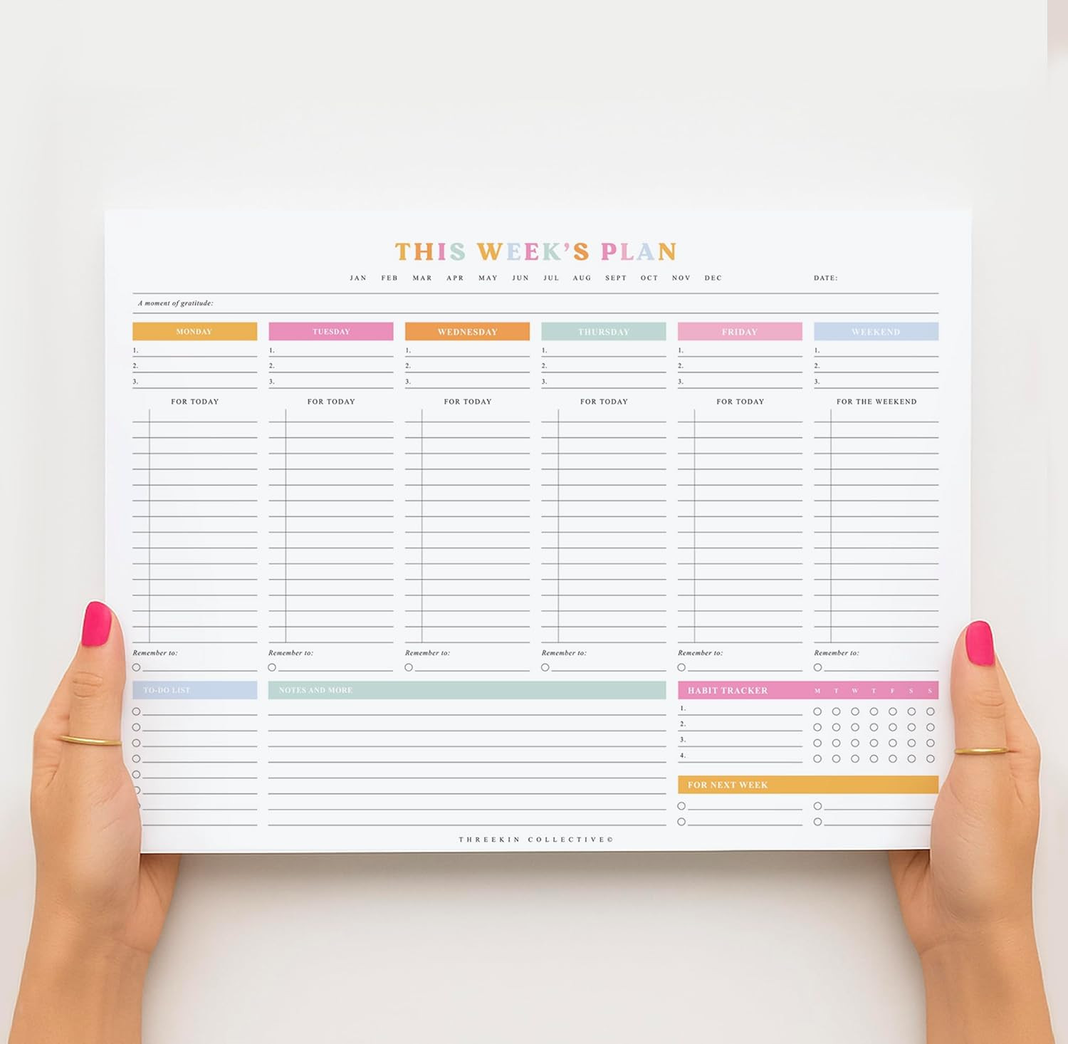 ThreeKin Weekly Planner – Premium 52-Sheet Tear-Off Notepad, 8.5 x 11 inches, Cl