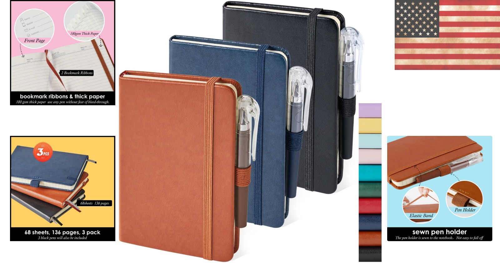 3-Pack Leather Pocket Notebooks: A6 Mini Journals with Pen Holder & 408 Pages