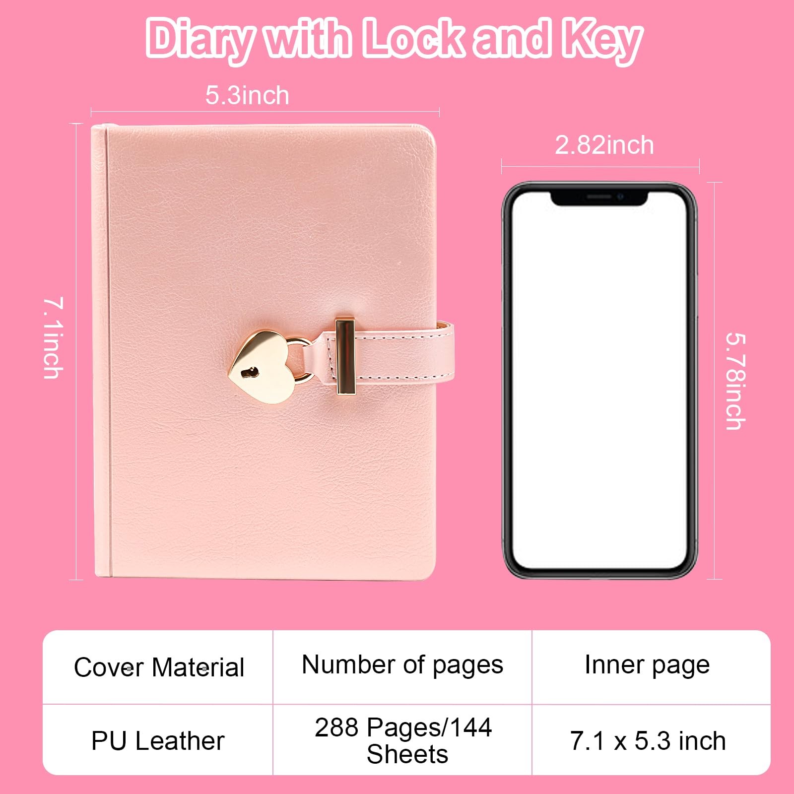 Diary with Lock 135x180mm 288 Gold Edged Pages Heart-Shaped – Gift-Ready Journal