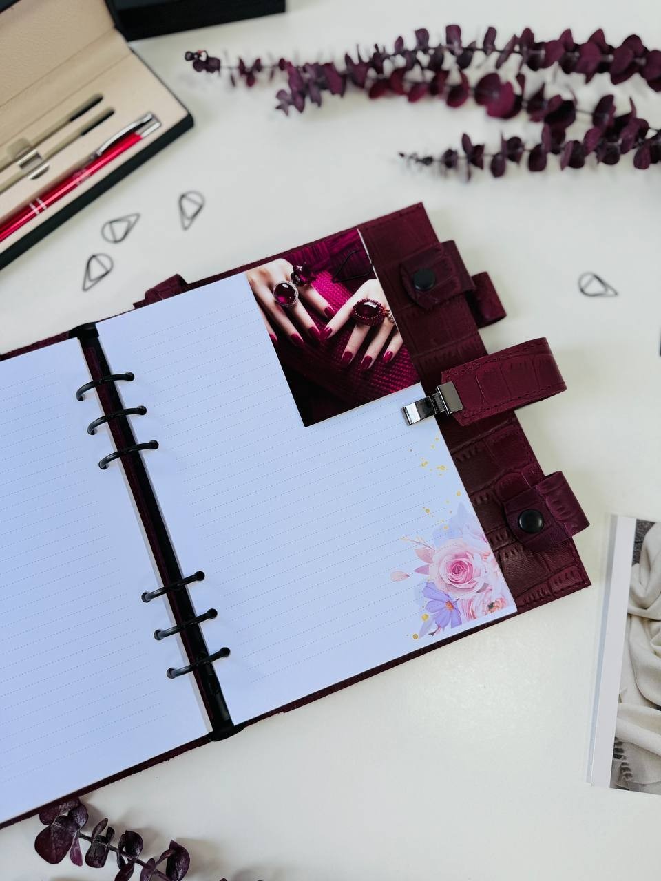 Burgundy Leather notebook cover A5 model 3in1 organizer.Lather planner binder.