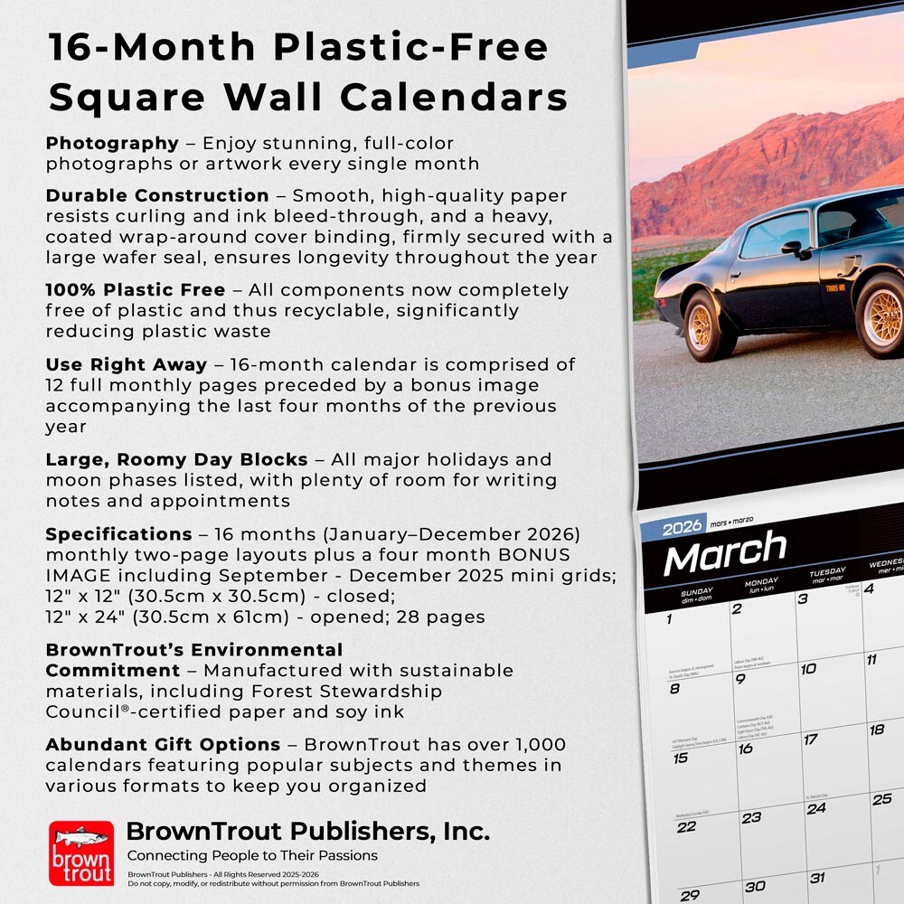American Muscle Cars OFFICIAL | 2026 12×24″ Square Wall Calendar | Plastic-Free