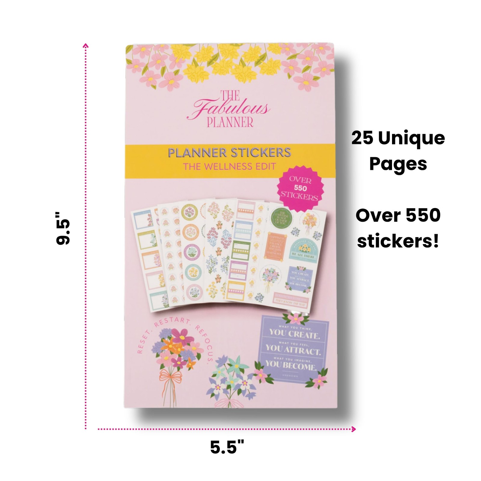 Wellness Sticker Book for Planners — 25 Sheets, 550+ Size: 9.5″ x 5.5″, Pink