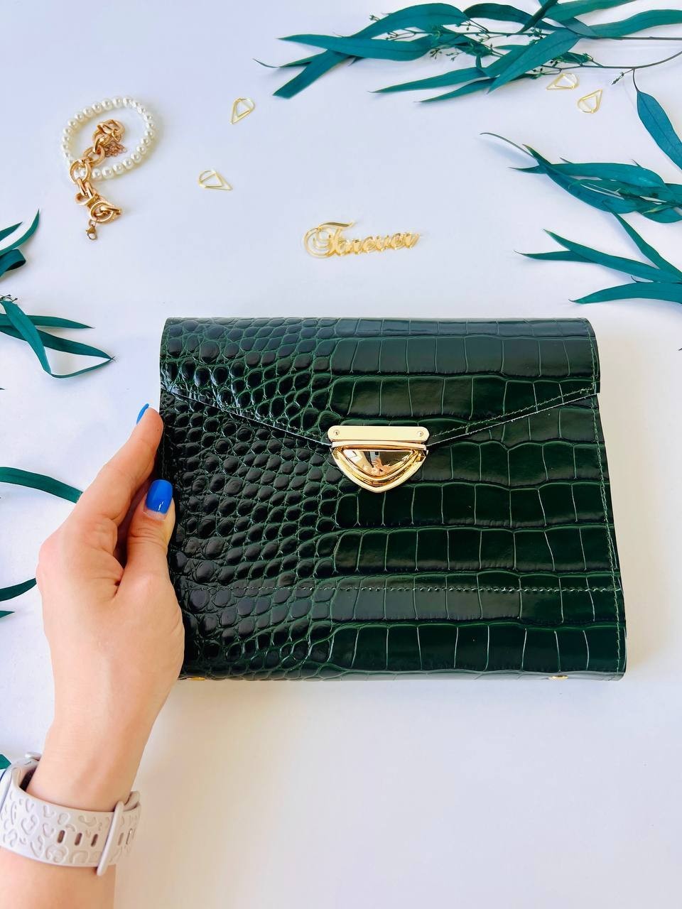 Green Genuine Leather Organizer – Croc Print notebook