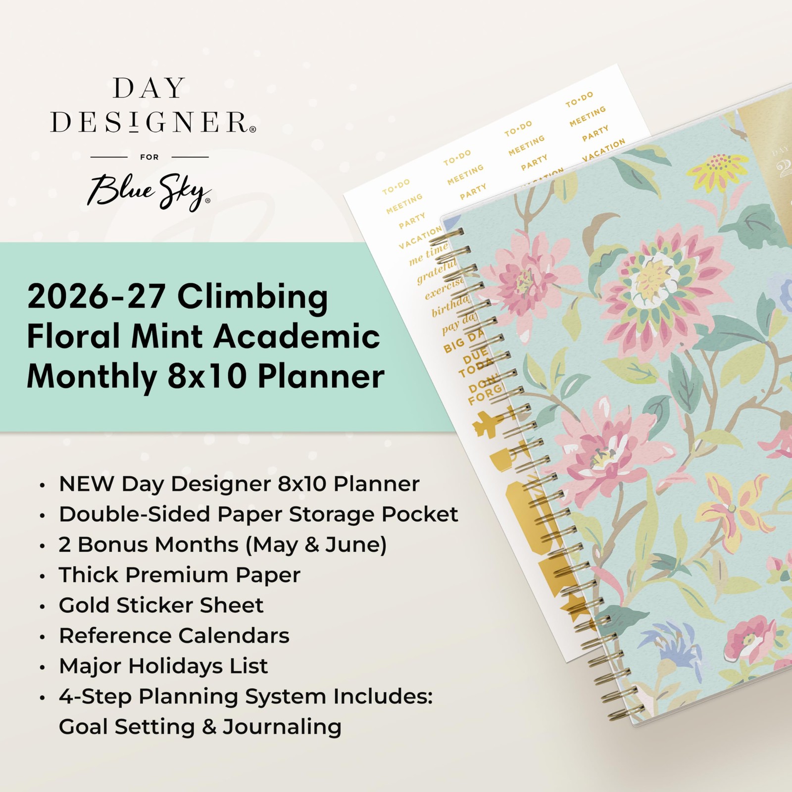 Blue Sky Day Designer 2026-2027 8″ x 10″, Climbing Floral Mint- 2026/2027