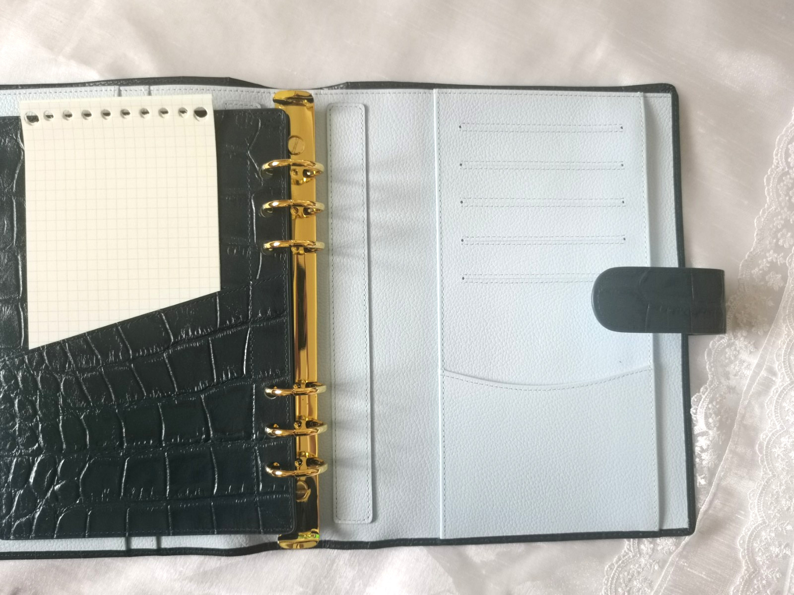 Genuine Leather Croc Embossed A5 Ring Binder Planner Back Pocket Blue Color