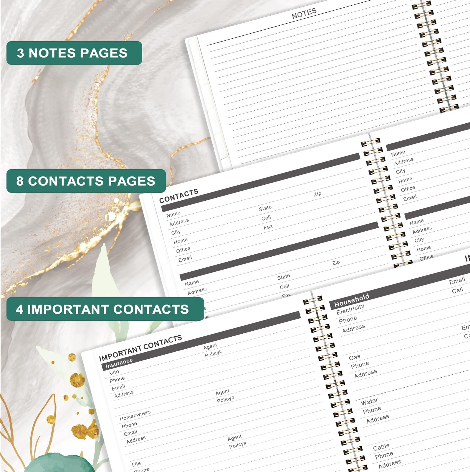 Monthly Planner 2026-2029 – 3 Year 9×11 inches, white, gold