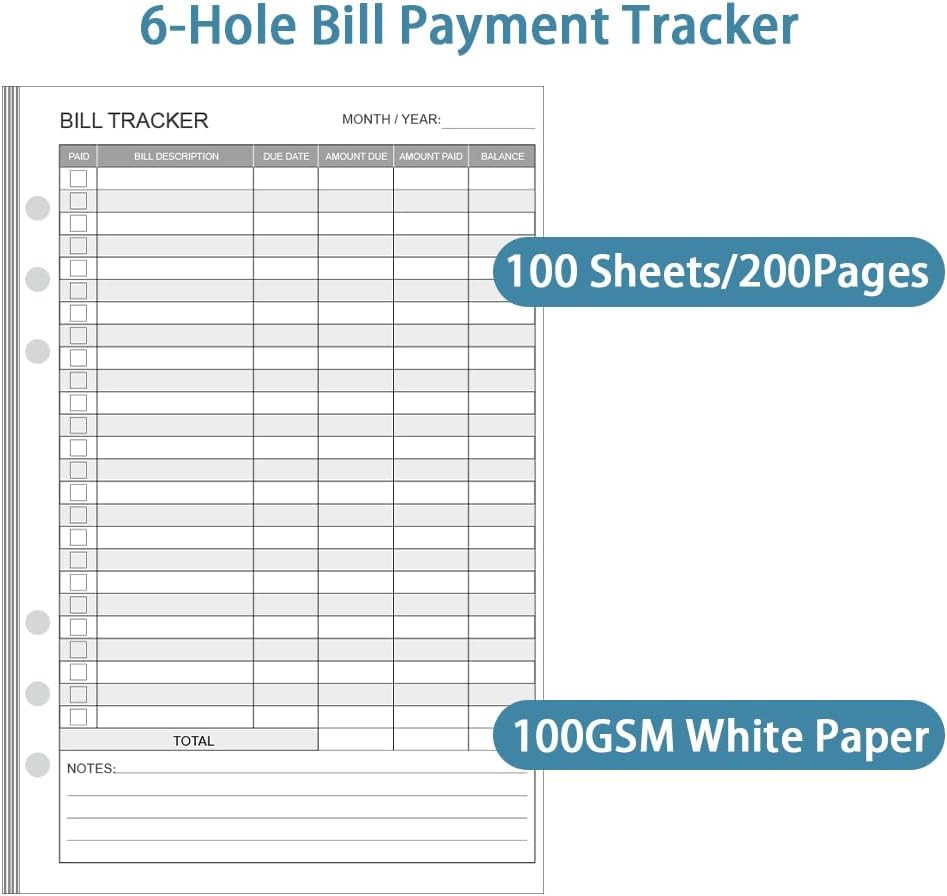 Bill Payment Tracker Refills – 100 Sheets/200 Pages, Bill Pay Checklist Refills
