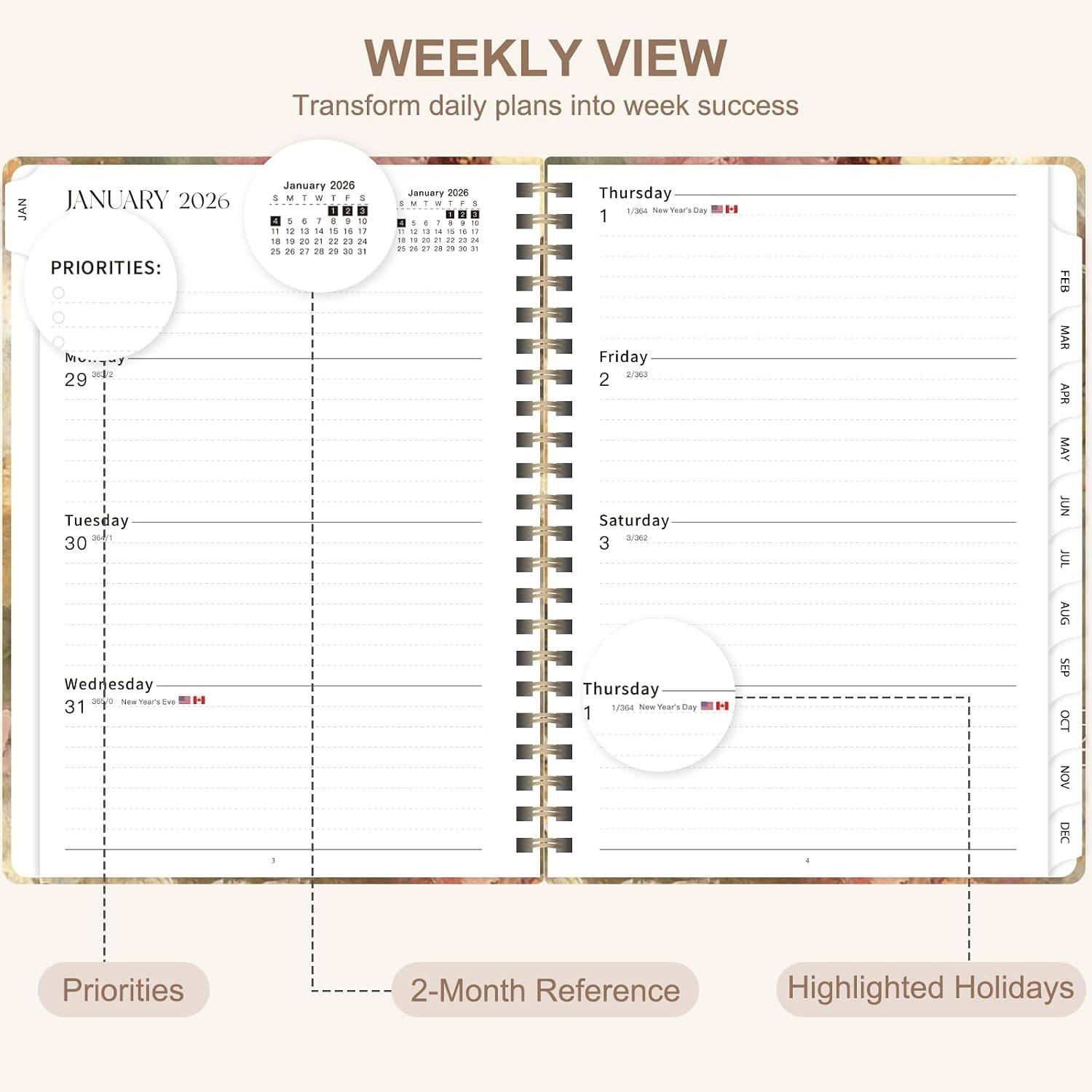 Elegant A5 2026 Calendar Agenda with Weekly & Monthly Pages for All Lifestyles