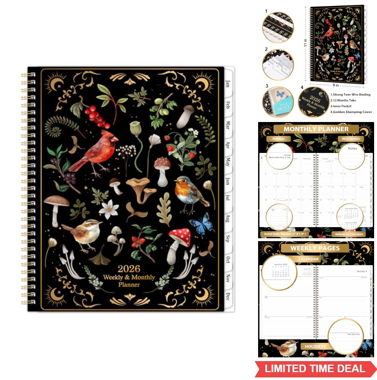 2026 Planner 9×11 January to December Weekly Monthly Twin-Wire Binding Tabs