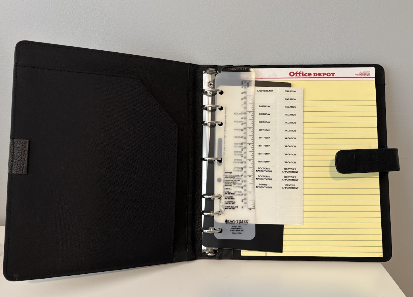 Vintage Day Timer Planner Binder Cover Black Pebbled Leather 7-Ring Memo Pad