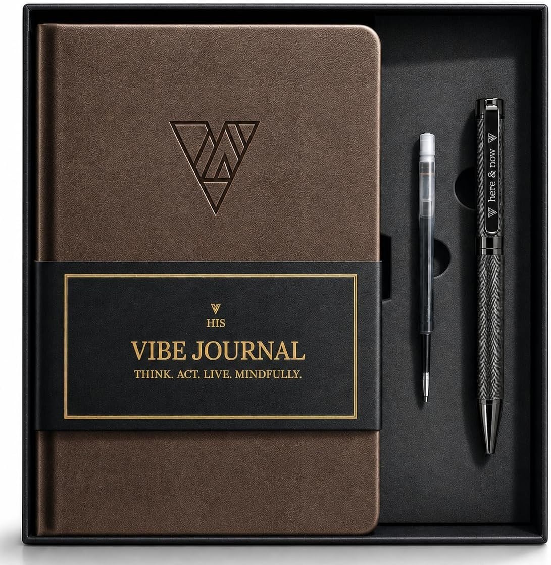 Guided Mindfulness Journal & Solid Brass Pen Set for Men – A5 Leather