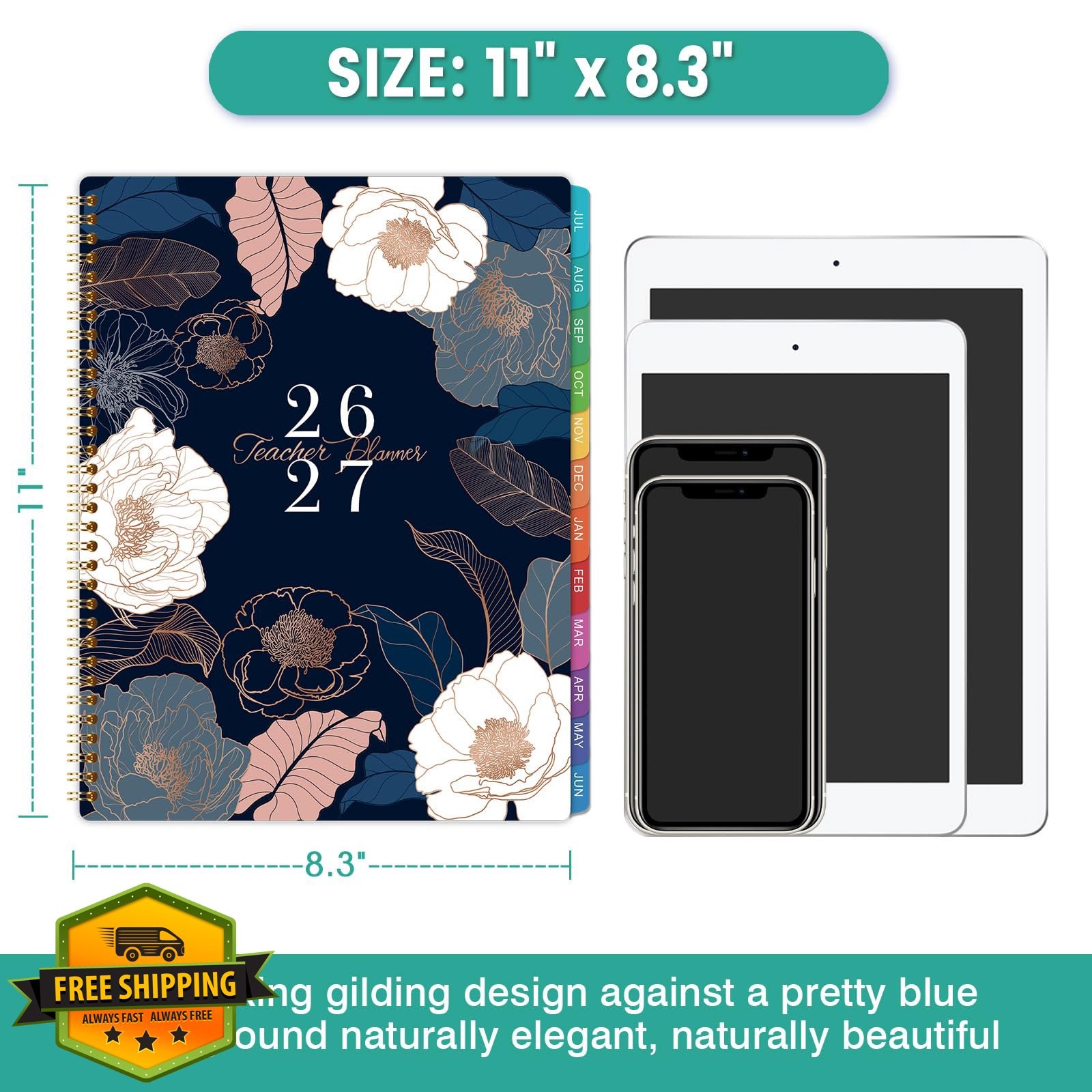 Teacher Planner 2026-2027 Weekly Monthly Lesson Plan Book 11×8.3 Engraved Floral