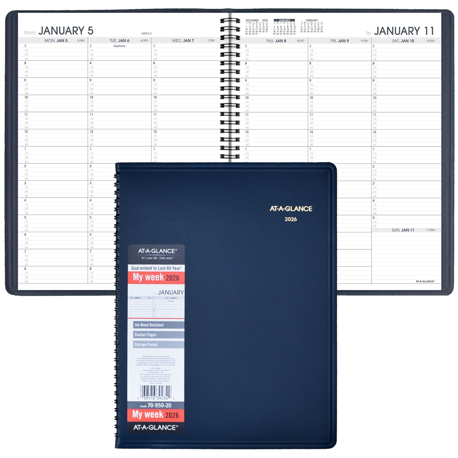 2026 At-A-Glance 70-950-20 Weekly Appointment Book, 8-1/4 x 11″, Navy Cover