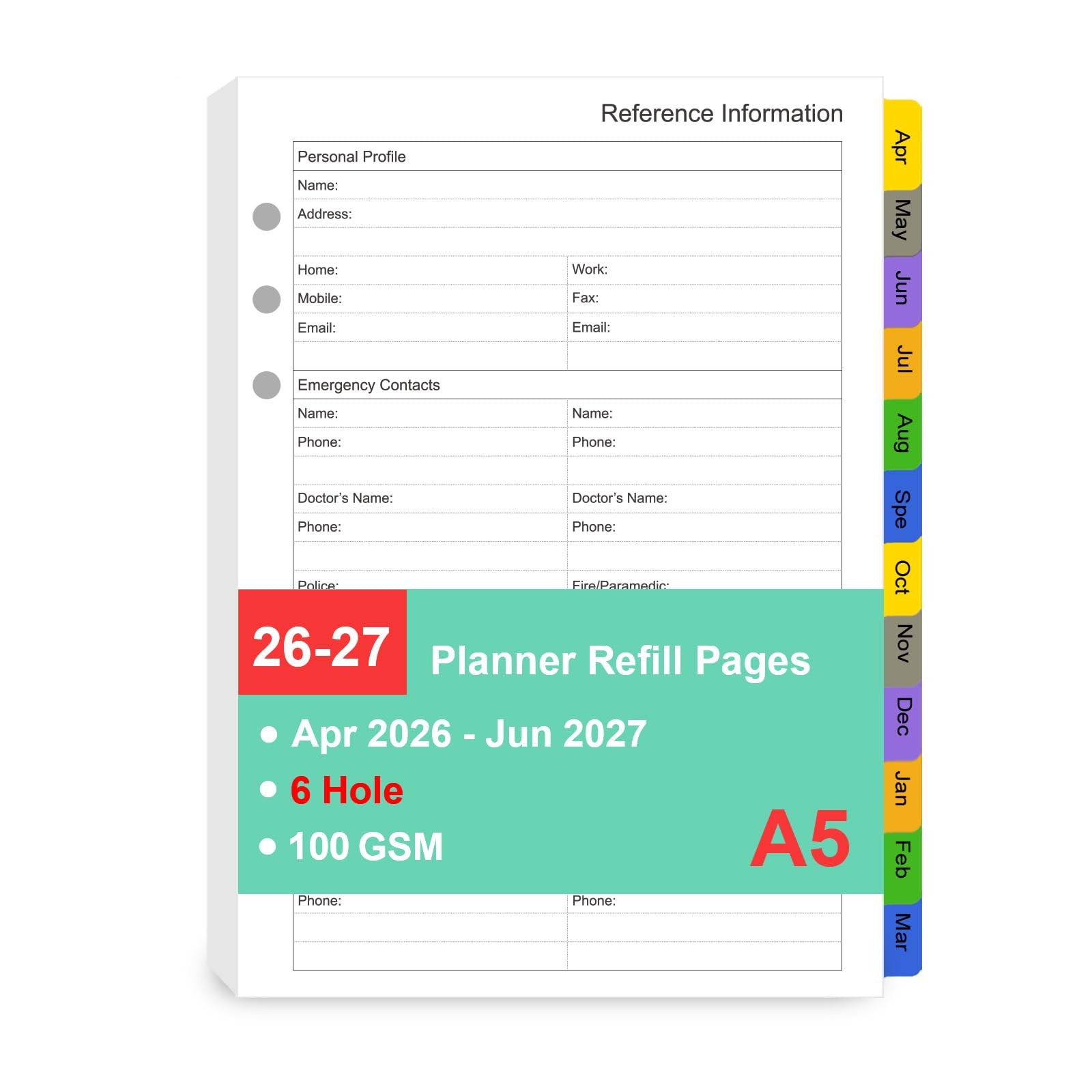 Tiankool 2026-27 Planner Refill for A5 6-Ring Binder,Weekly & A5, White