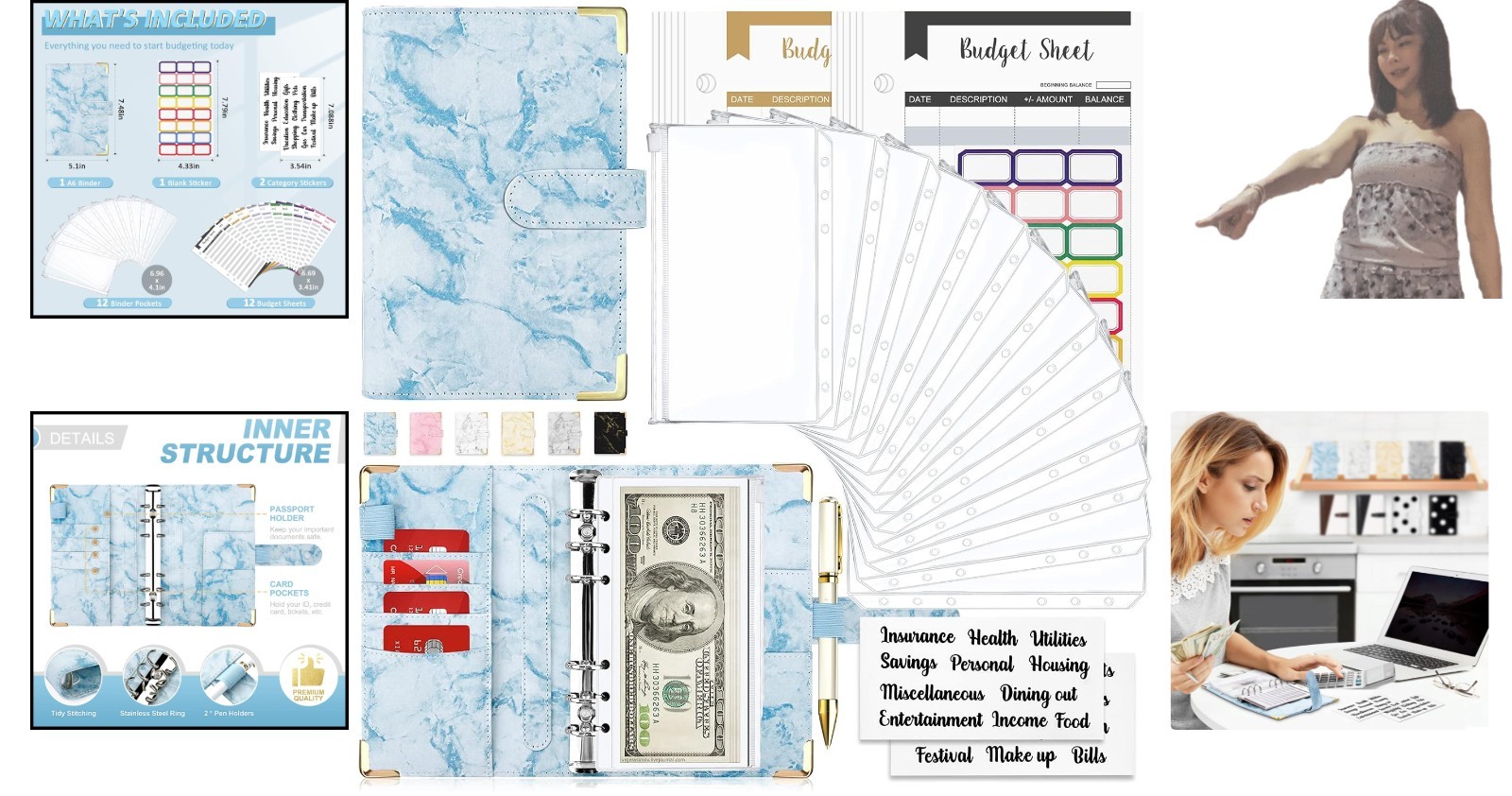 Waterproof 28-Piece Budget Planner with Cash Envelopes & Stylish Marble Cover
