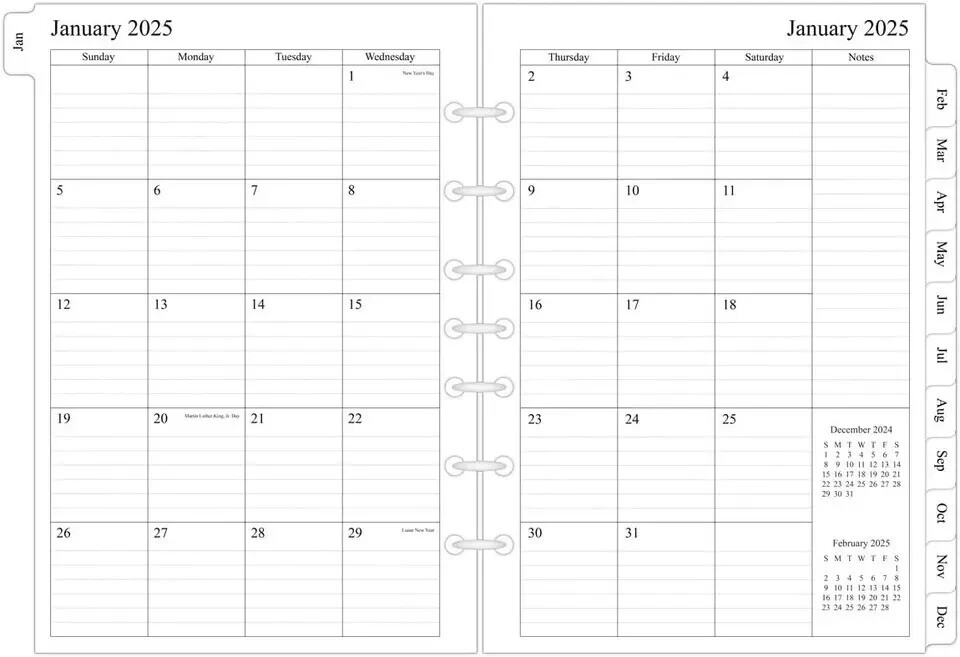 Monthly Planner Refill 5-1/2 x 8-1/2 Two Pages Per Classic/Size 4 2024-2025