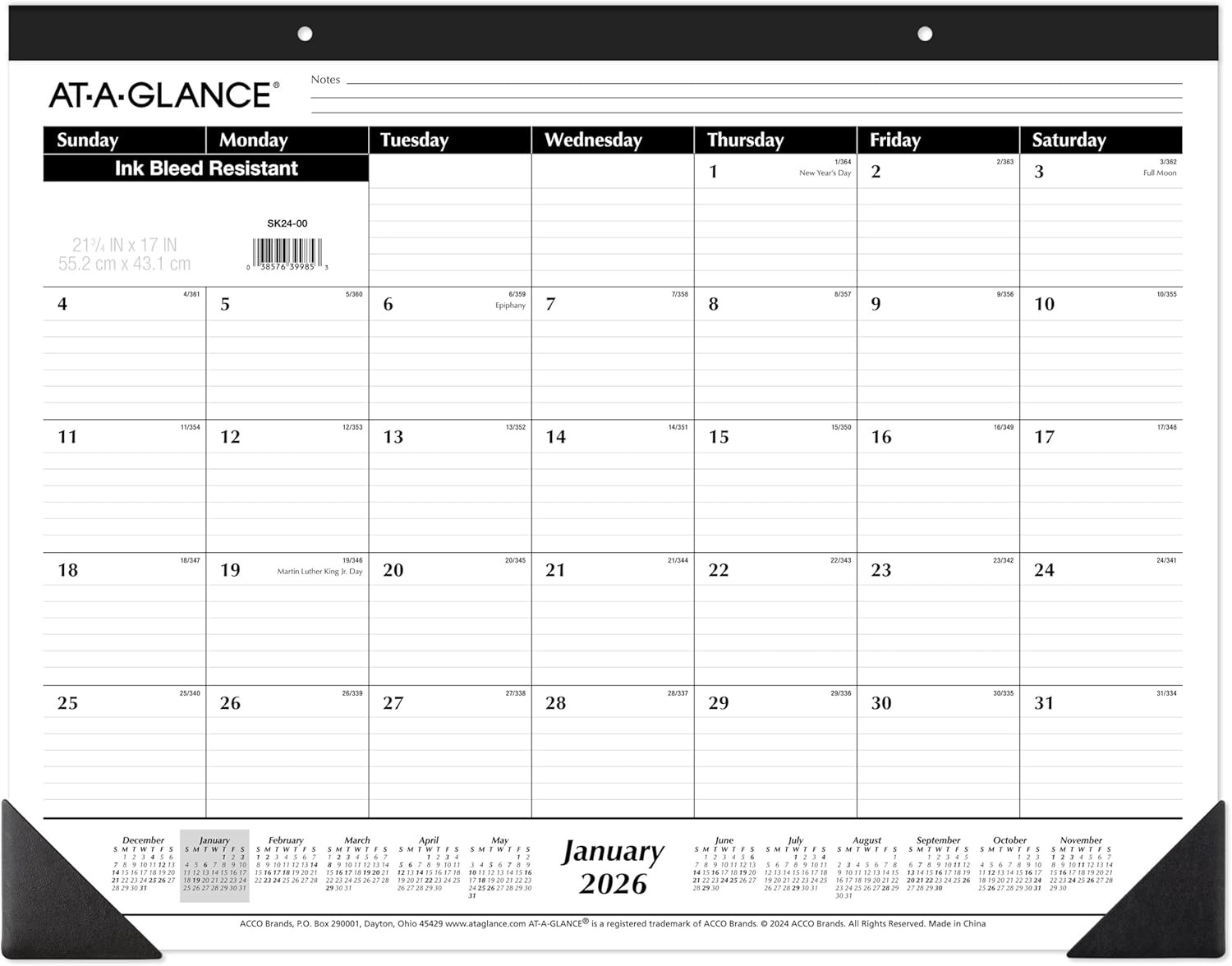 2026 Desk Calendar, Monthly, Desk Pad, 21-3/4″ X 17″, Large, Ruled Blocks (SK240
