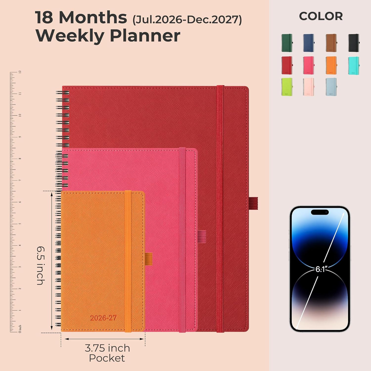 Planner 2026-2027 Daily Weekly and Monthly,6.5″X3.75″,18 Months Spiral Bound Cal