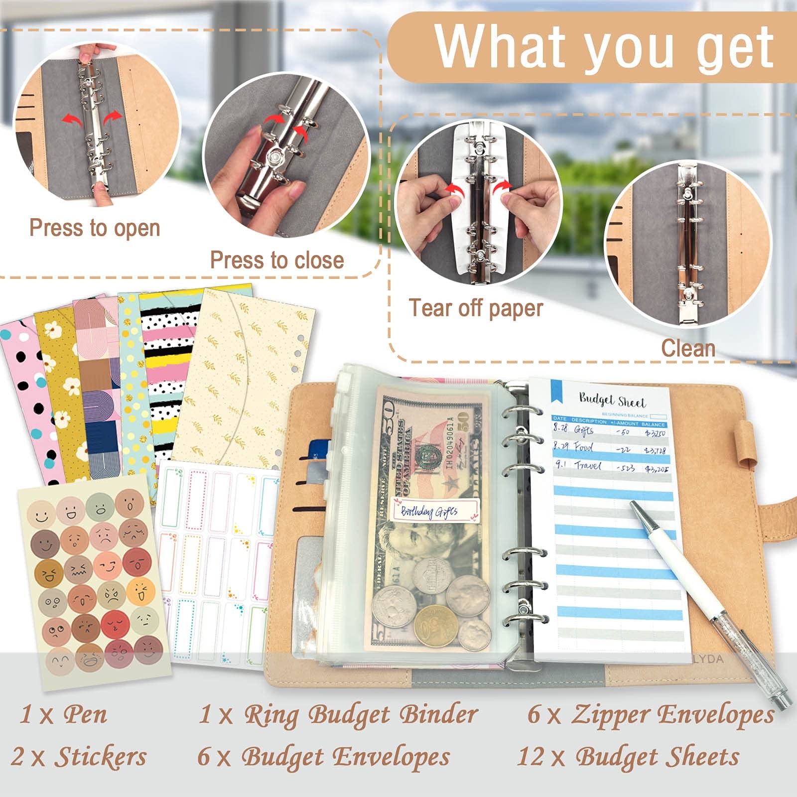 Cash Envelopes Budget Money Saving Binder with Zipper PVC Pockets, Budget She…