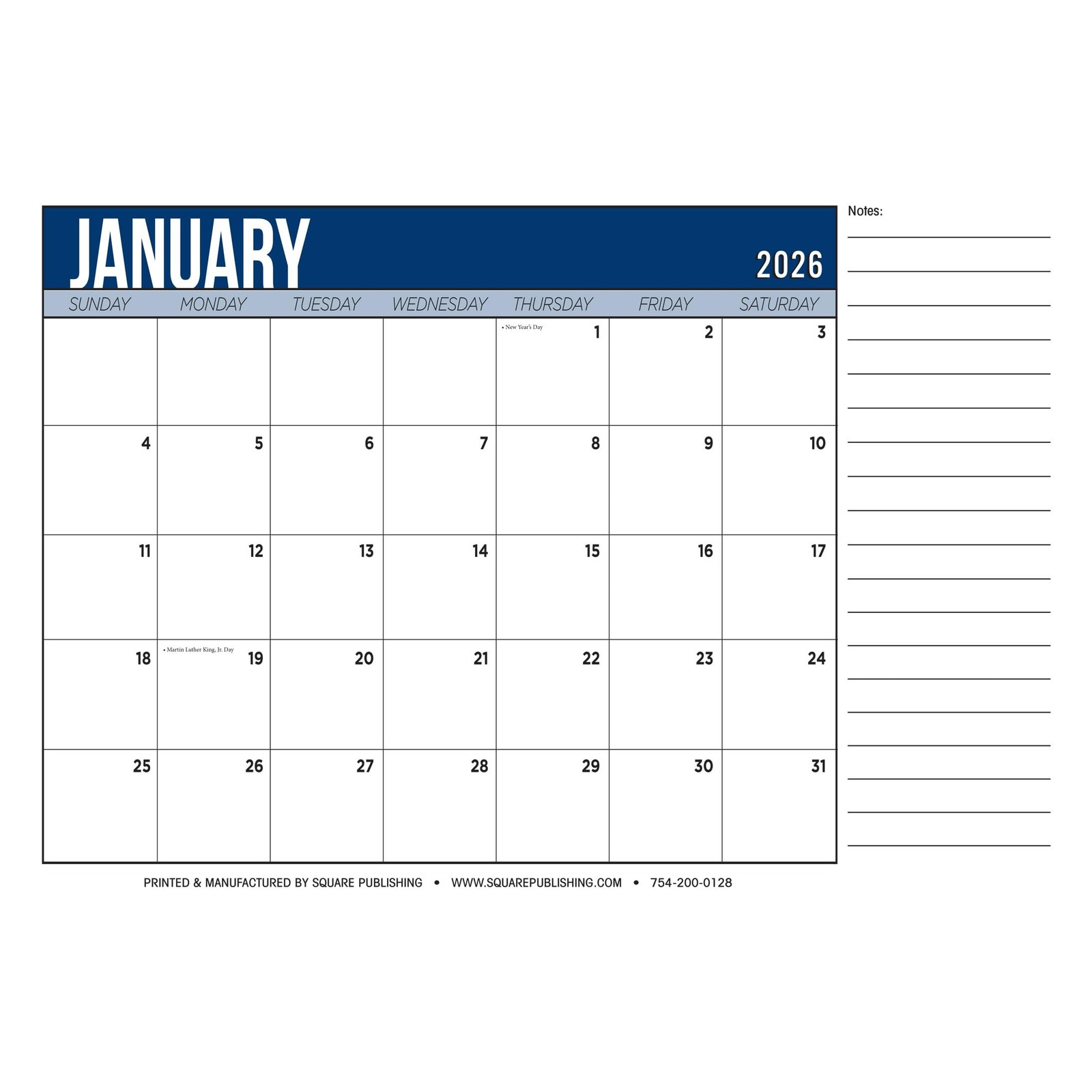 Navy Blue 2026 Large Desk Calendar 19×13 – Monthly Desktop Planner with Notes