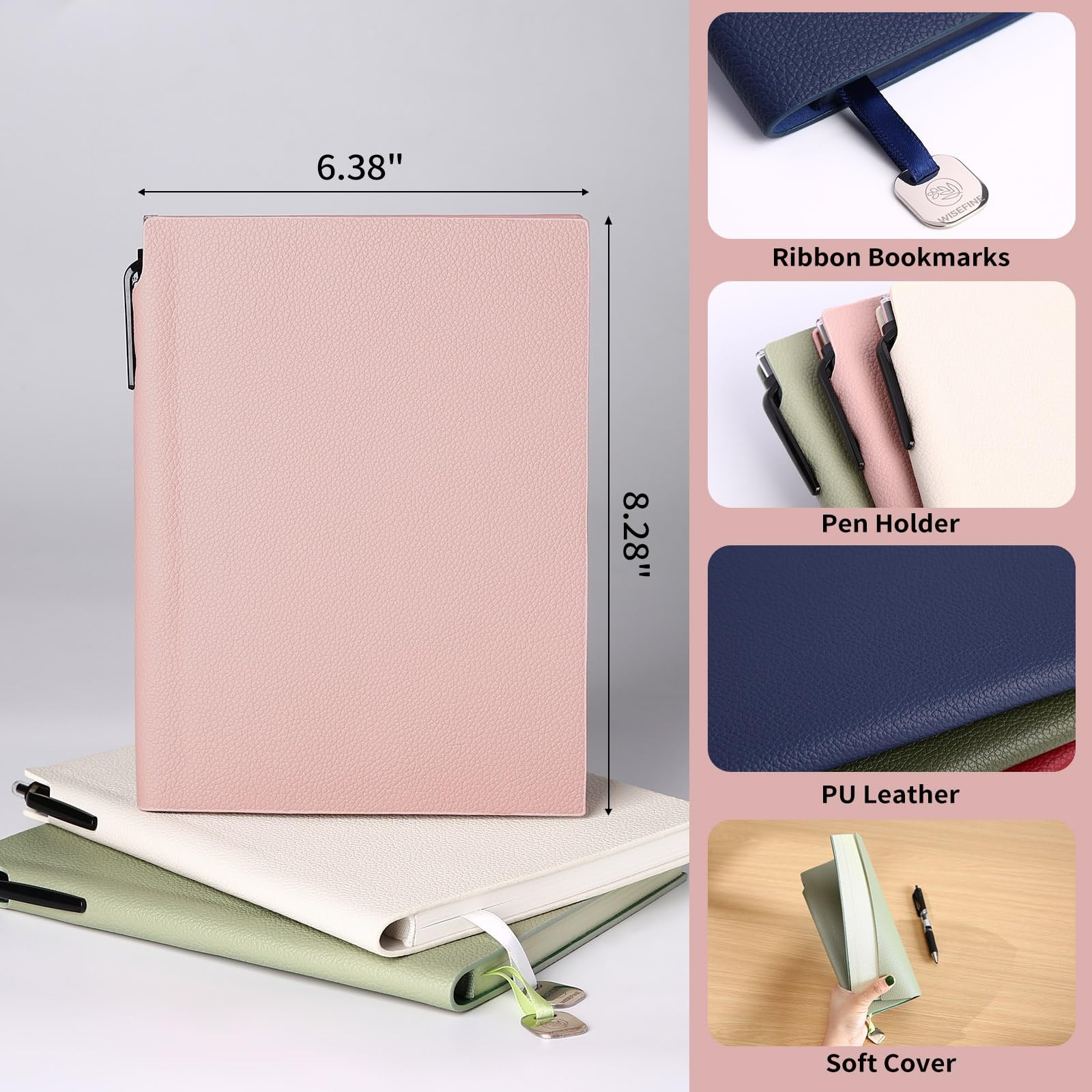 Wisefine Lined Journal Notebook for Women A5 Softcover PU Leather 1pack-Pink