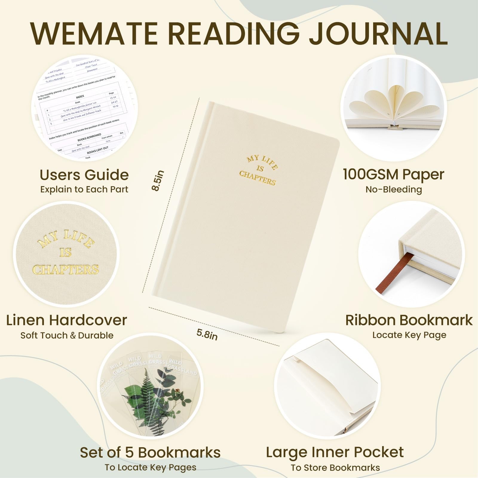 Reading Journal 80 Reviews 5 Bookmarks Log Tracker 220 Pages A5 Khaki Book