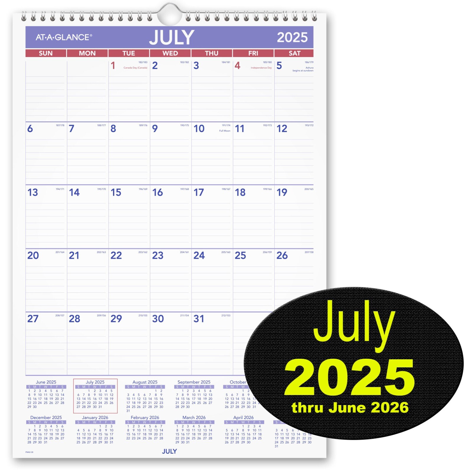 At-A-Glance PMA2-28 2025-2026 July 2025 Academic Year Wall Calendar, 12 x 17″