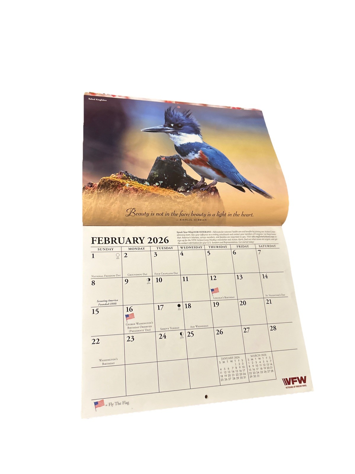 VFW Veterans of Foreign Wars Birds Nature Flowers 12 Month 2026 Wall Calendar