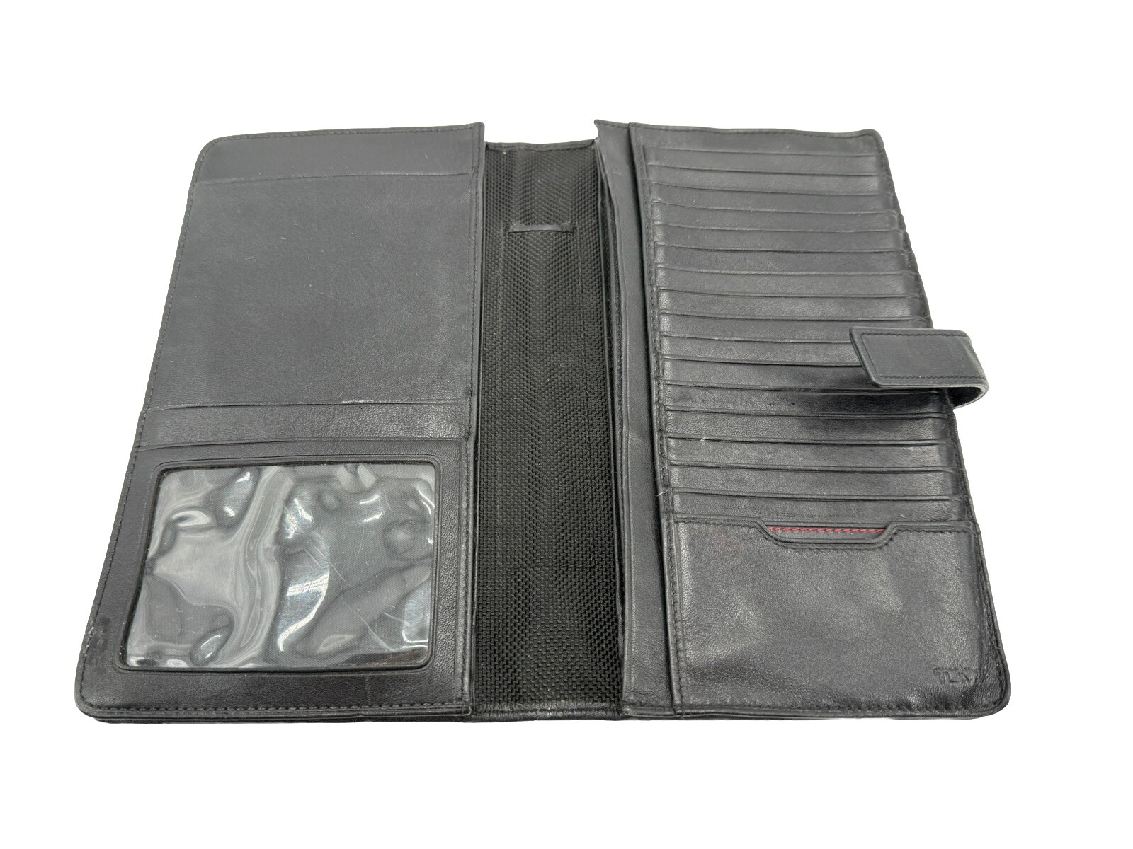 Tumi Folio Vertical Card Organizer Black Leather Pen Holder Zip Pocket 8.5”