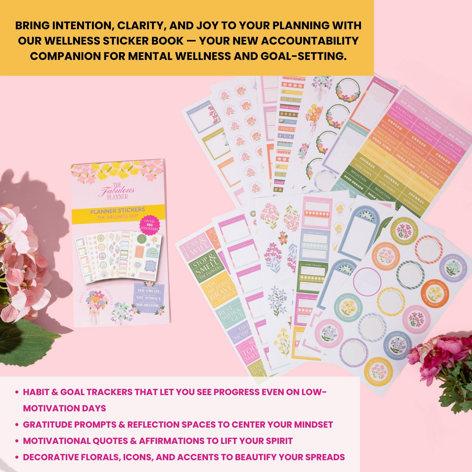Wellness Sticker Book for Planners — 25 Sheets, 550+ Size: 9.5″ x 5.5″, Pink