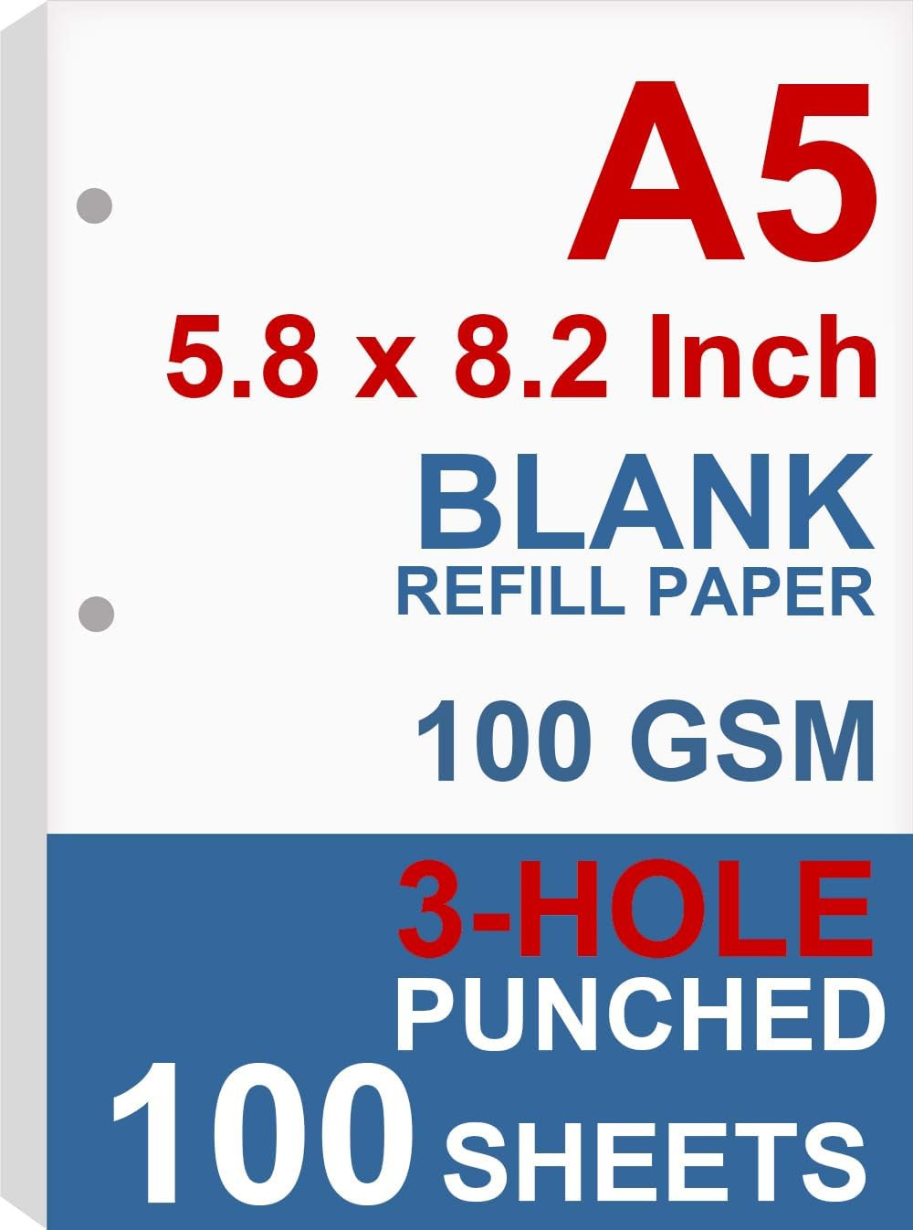 A5 Filler Paper, 3 Hole Planner Refills, Organizer, Binders, Total 100 Sheets/20