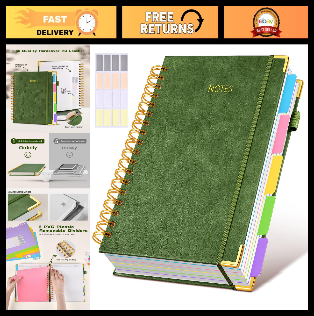 Large 5-Subject Hardcover Spiral Notebook with Removable Dividers, 300 Pages, Co