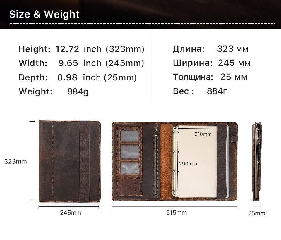 A4 Leather Portfolio 4 Ring Binder Business Notebook Organizer Document Case