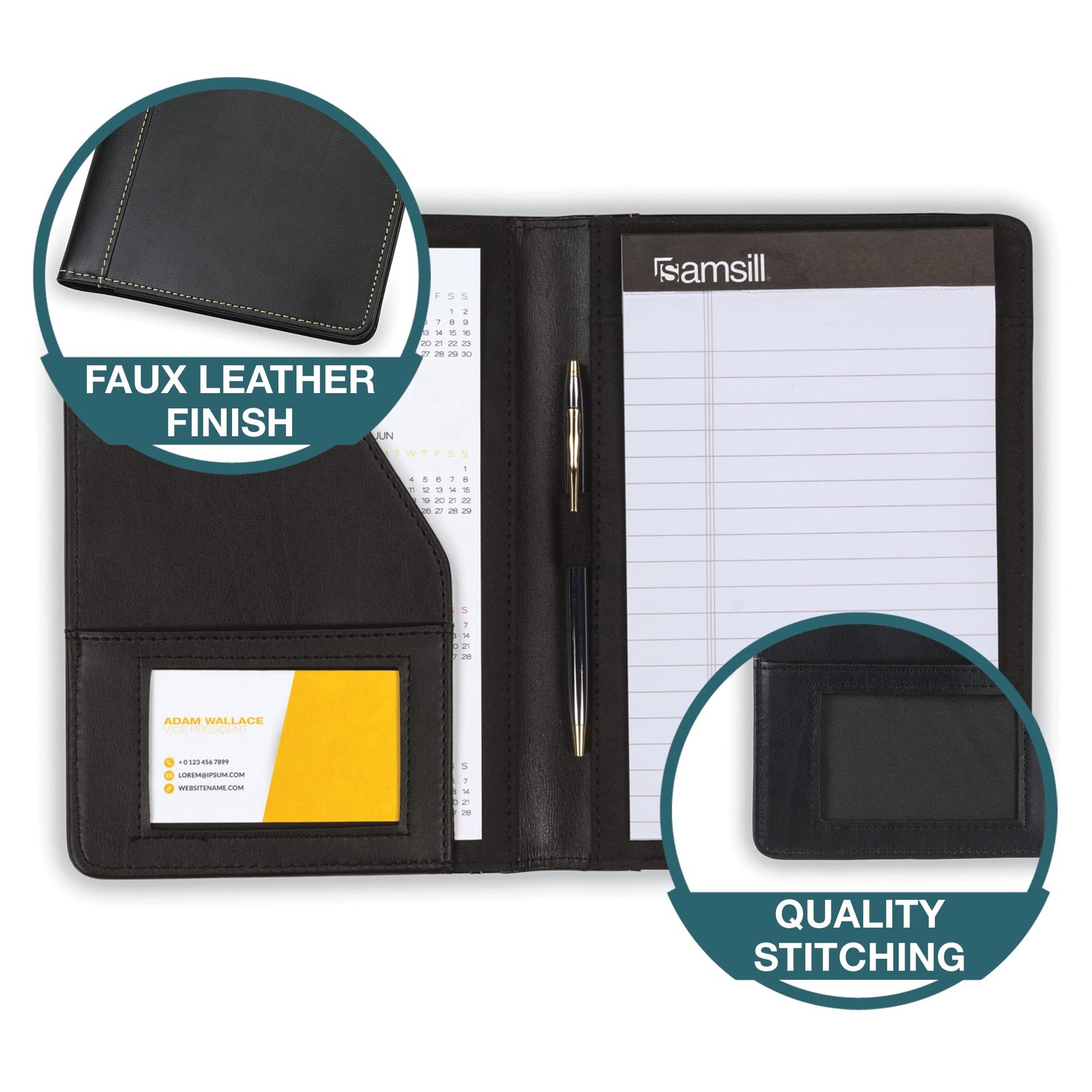 Contrast Stitch Faux-Leather Portfolio, Mini Size Business Interview Professi…