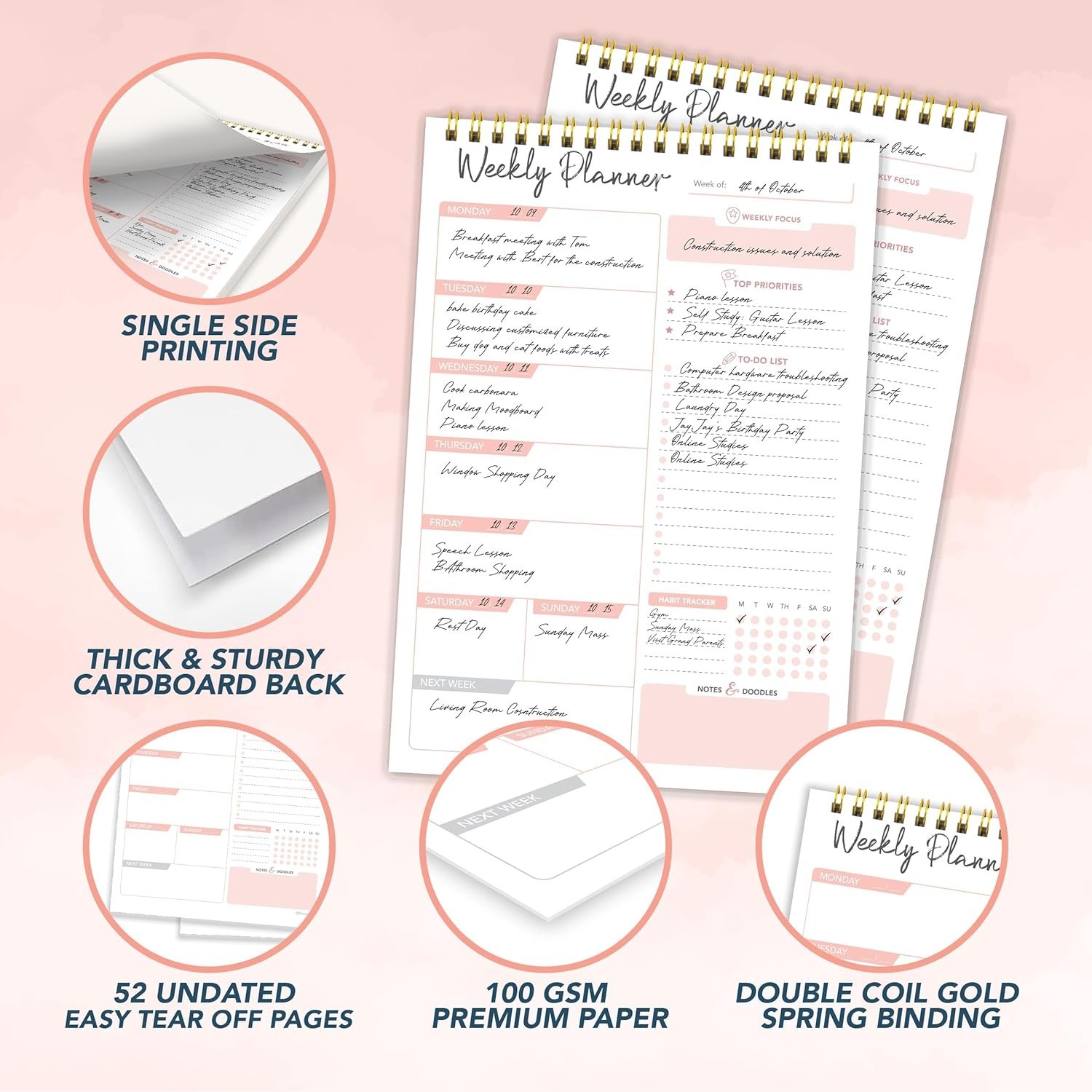 Decorably 52 Sheets Nude Pink Undated Weekly Planner Notepad, 6.5x10in Spring…