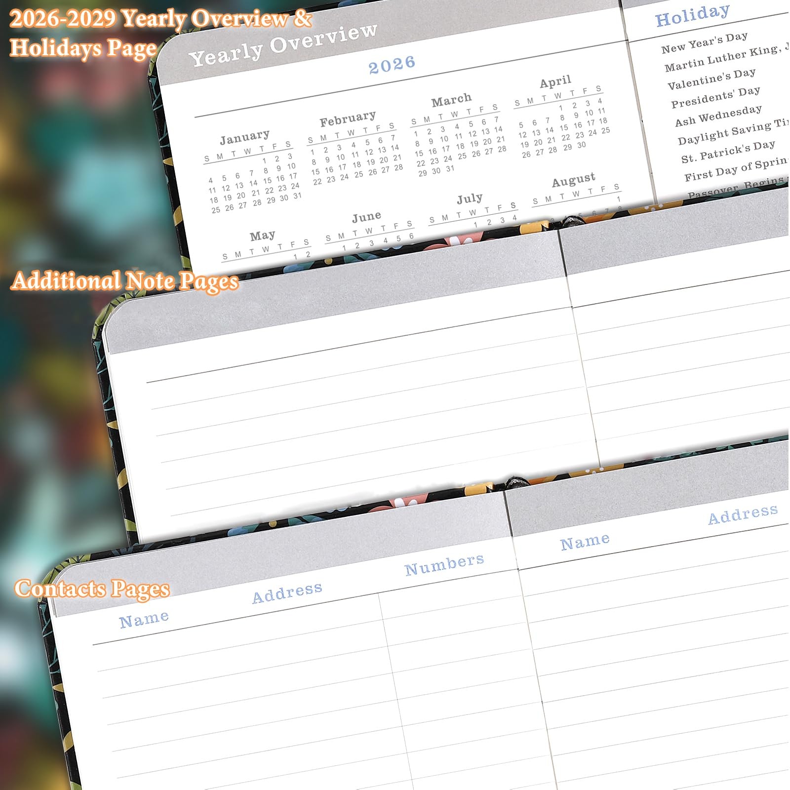 2026-2029 Pocket Planner/Calendar – Monthly 3 Year, Matte Black and Bloom