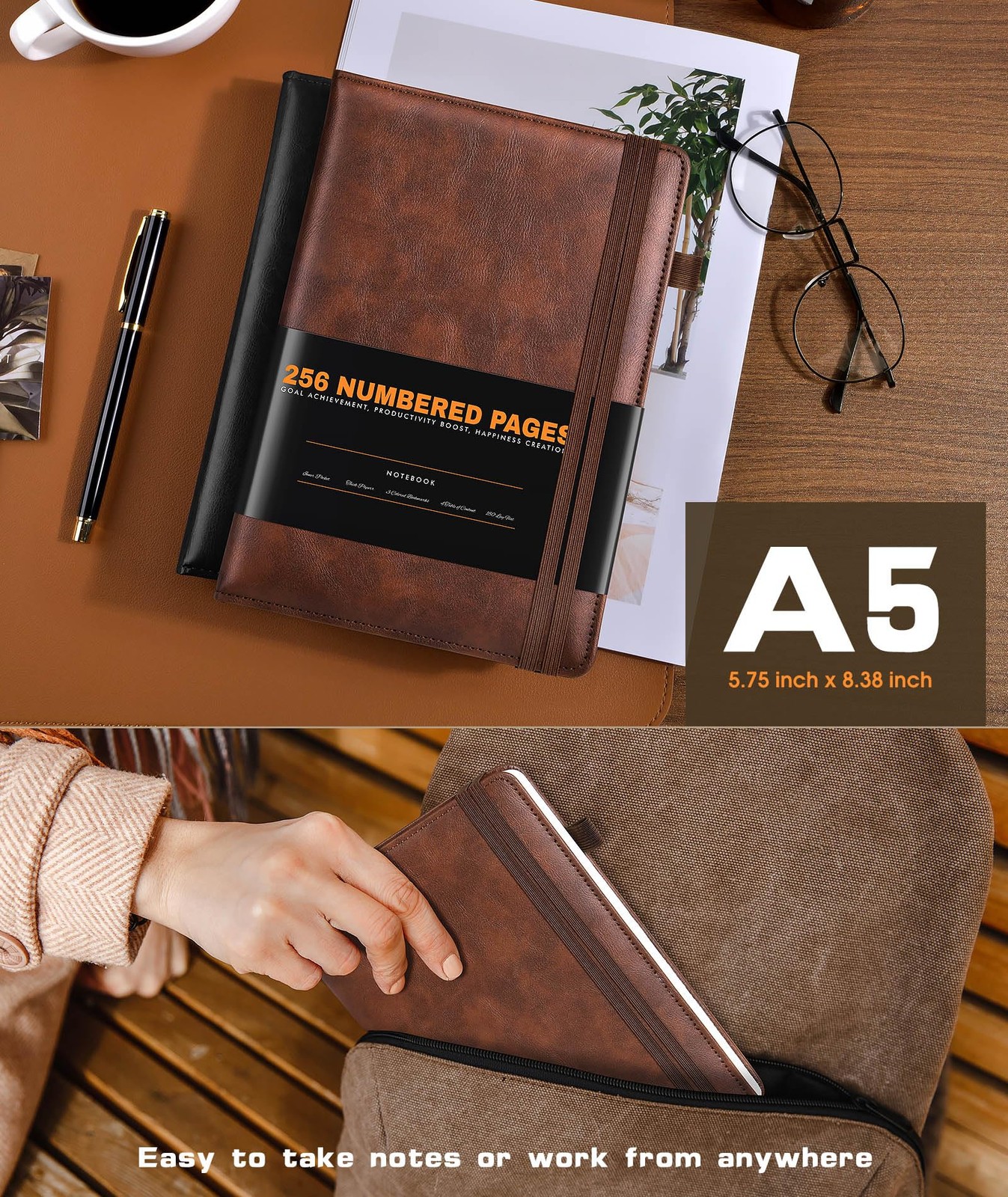 Lined Journal Notebook for Women Men, 256 Numbered Pages Hardcover Leather Jo…