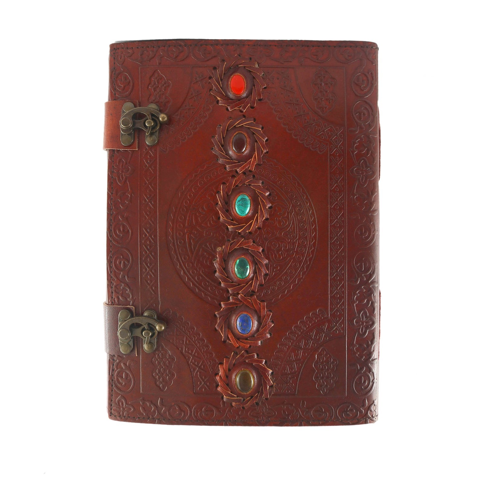 Handmade Brown Leather Journal Notebook with Stone Embellishments & Metal Clasp