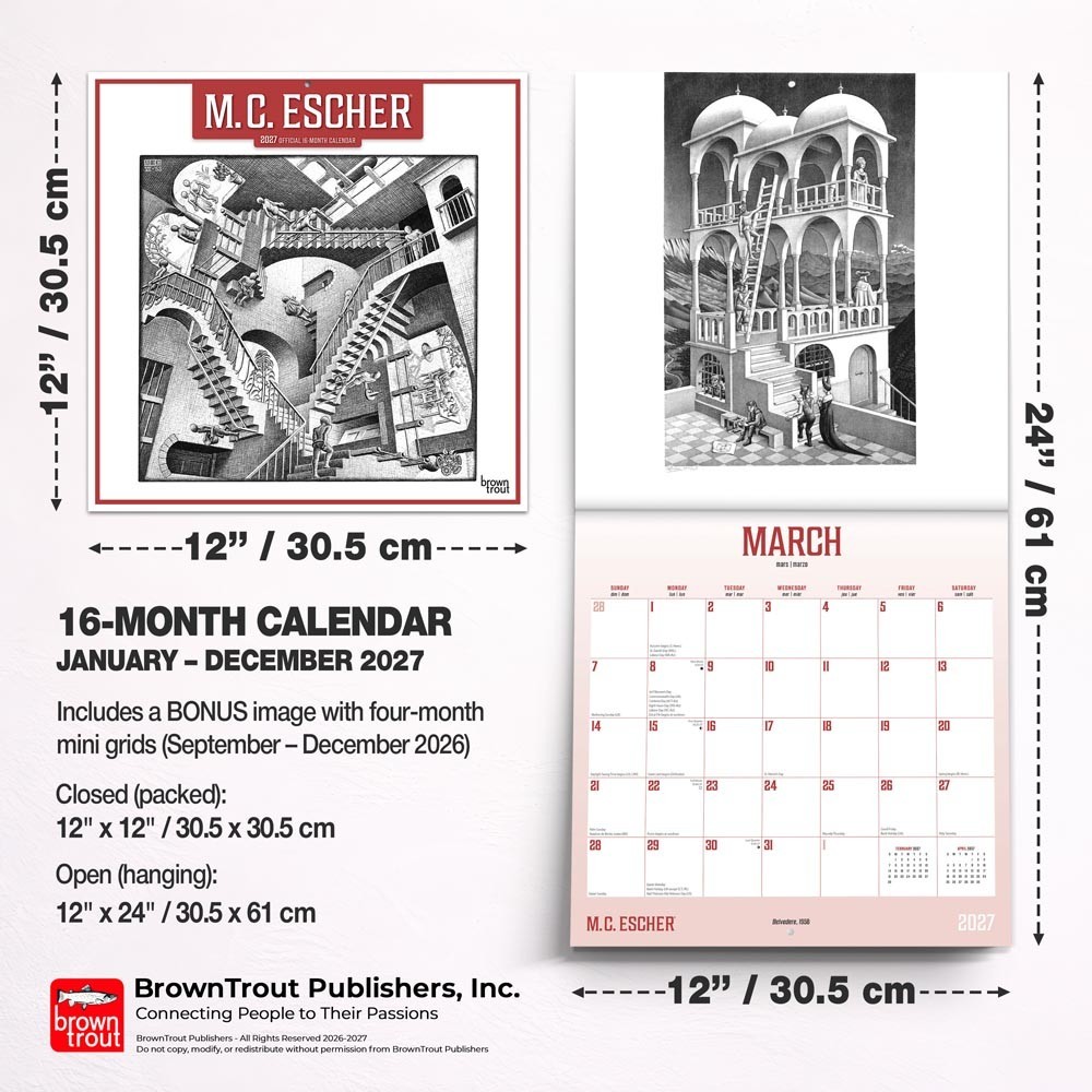 M.C. Escher OFFICIAL | 2027 12×24″ (Hanging) Square Wall Calendar | Plastic-Free
