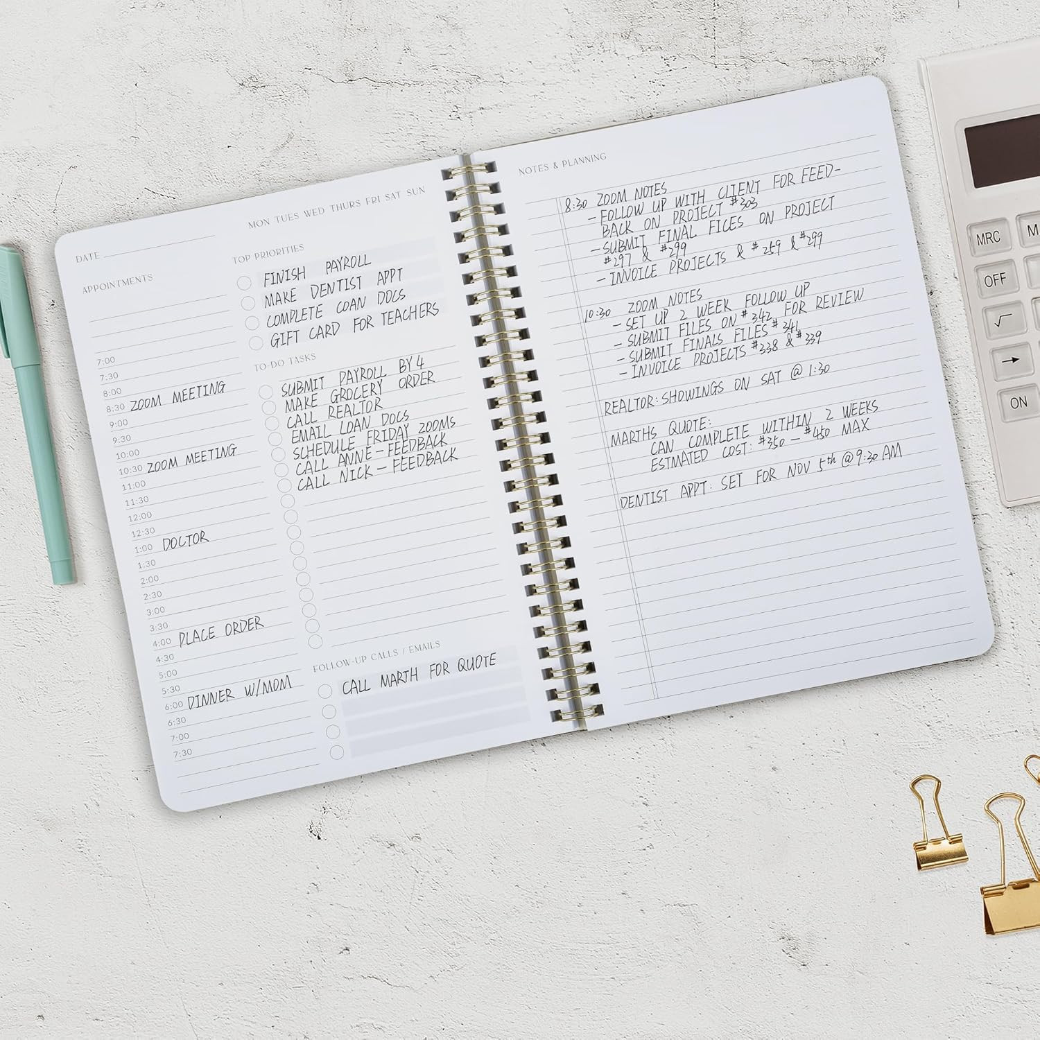 Beautiful Daily Planner And Notebook With Hourly Schedule – Aesthetic Spiral To
